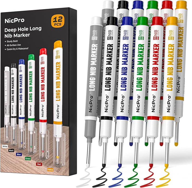 Nicpro 12 PCS Long Nib Marker Pens, 20mm Deep Hole Markers, Quick Dry & Waterproof Construction Marker, Long Head Mark Pens for Metal, Steel, Tile, Glass, Carpenter Marking Tool for Woodworking - Image 1